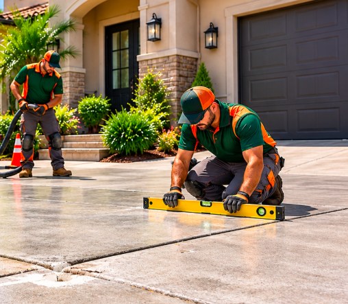 Concrete Leveling Pasadena crew checking a leveled driveway with a level
