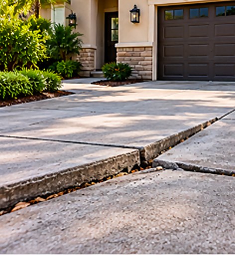 Sunken, uneven driveway slab before leveling in Pasadena
