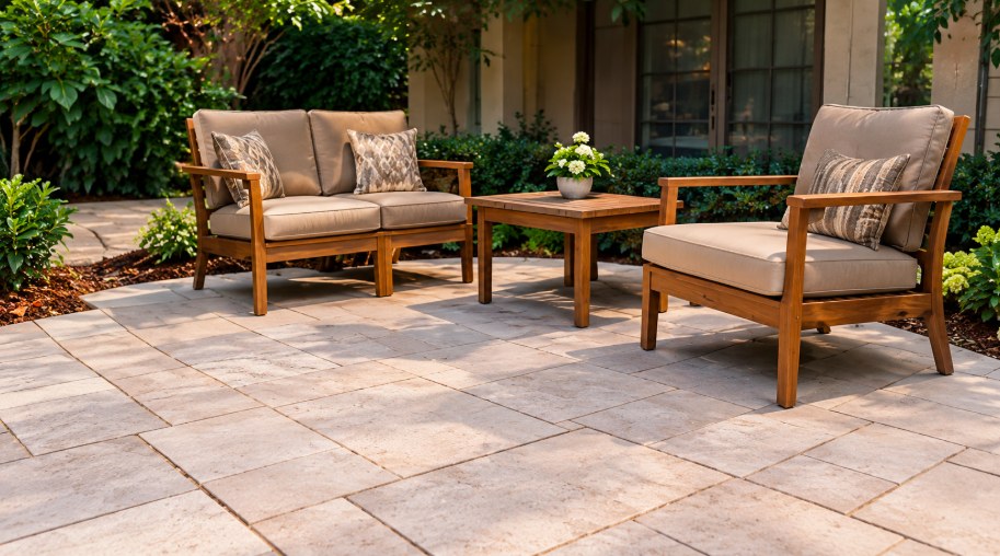 Level backyard concrete patio with outdoor furniture