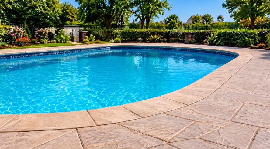 Leveled concrete pool deck around a backyard pool
