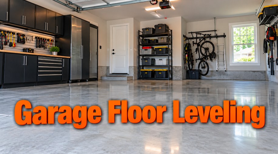 Level, polished concrete garage floor with storage cabinets in Pasadena, CA