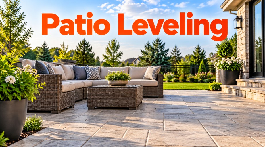 Level stone-look patio with outdoor sectional sofa in Pasadena, CA