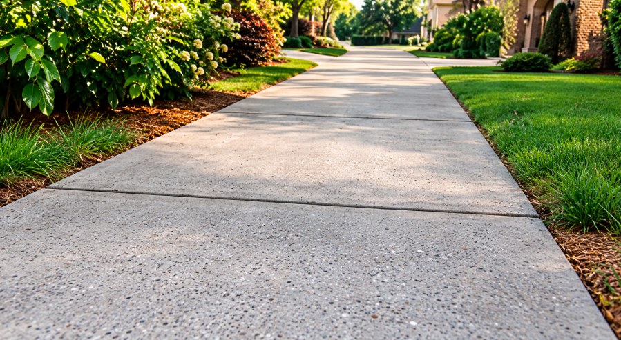 Smooth leveled concrete sidewalk with lawn