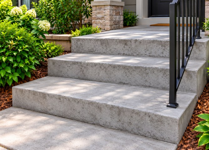 Level concrete entry stairs with iron handrail